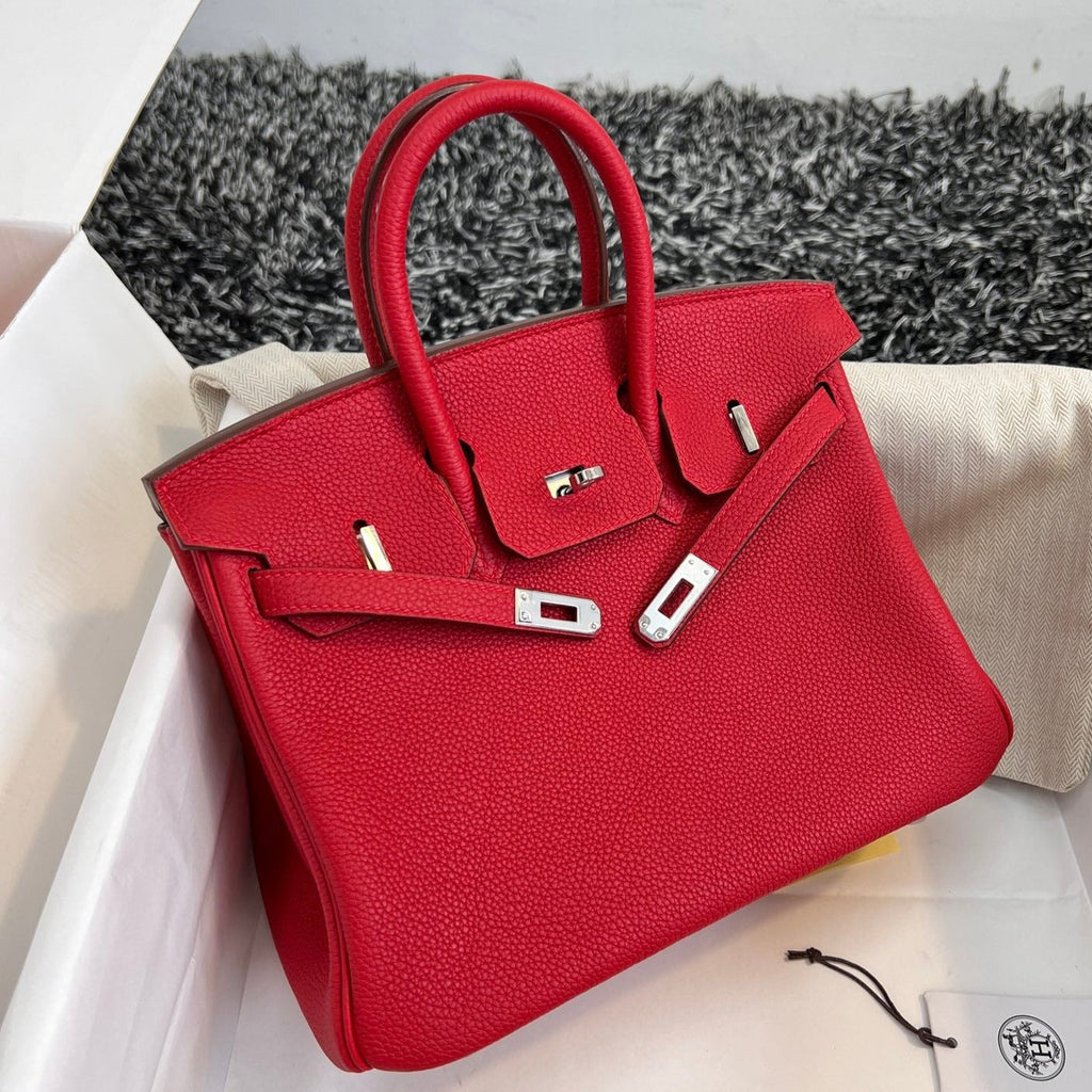HERMES BIRKIN 25CM RED TOGO LEATHER SILVER HARDWARE