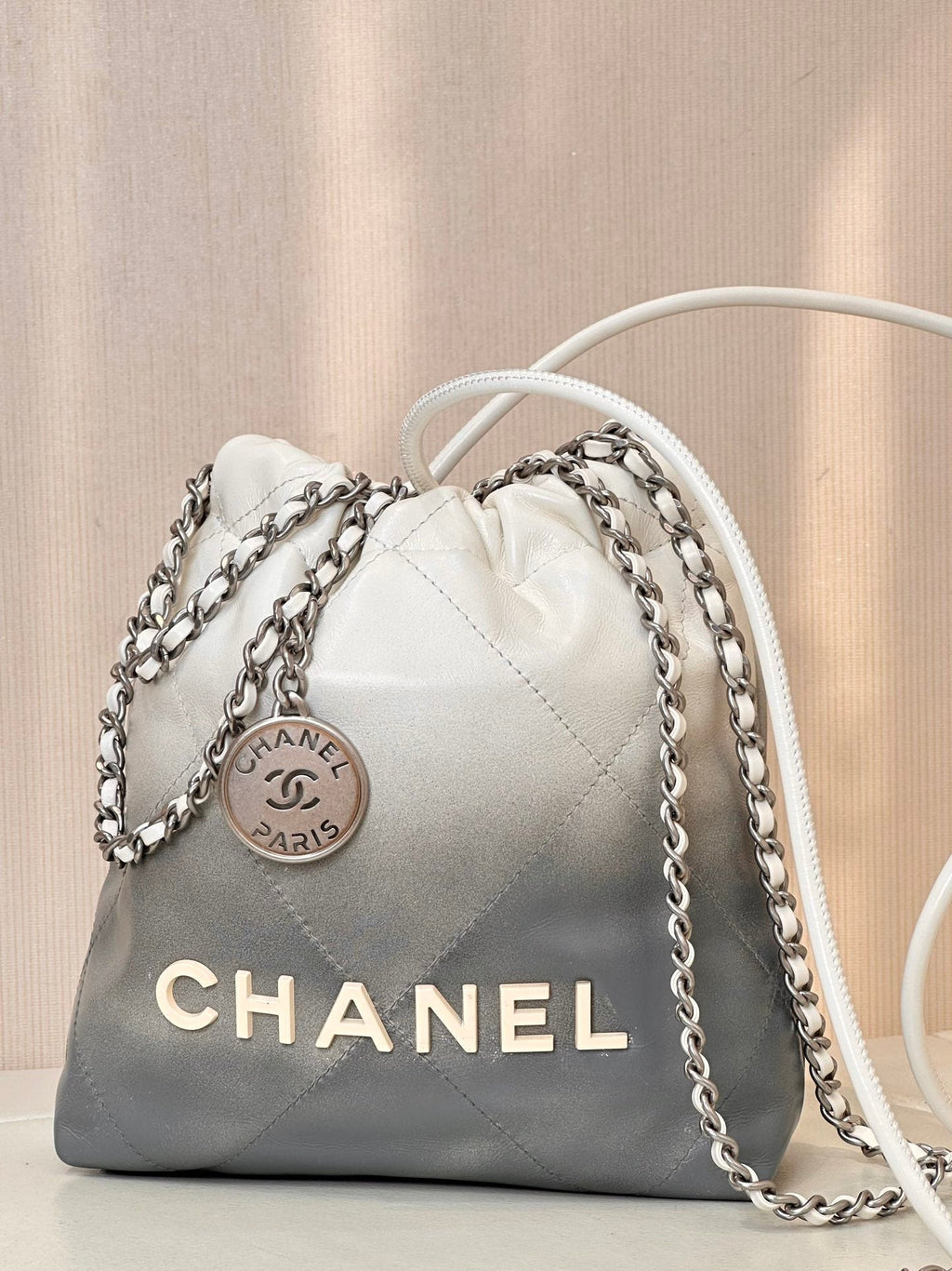 CHANEL HOBO MINI 20CM WHITE GREY LAMBSKIN SILVER HARDWARE
