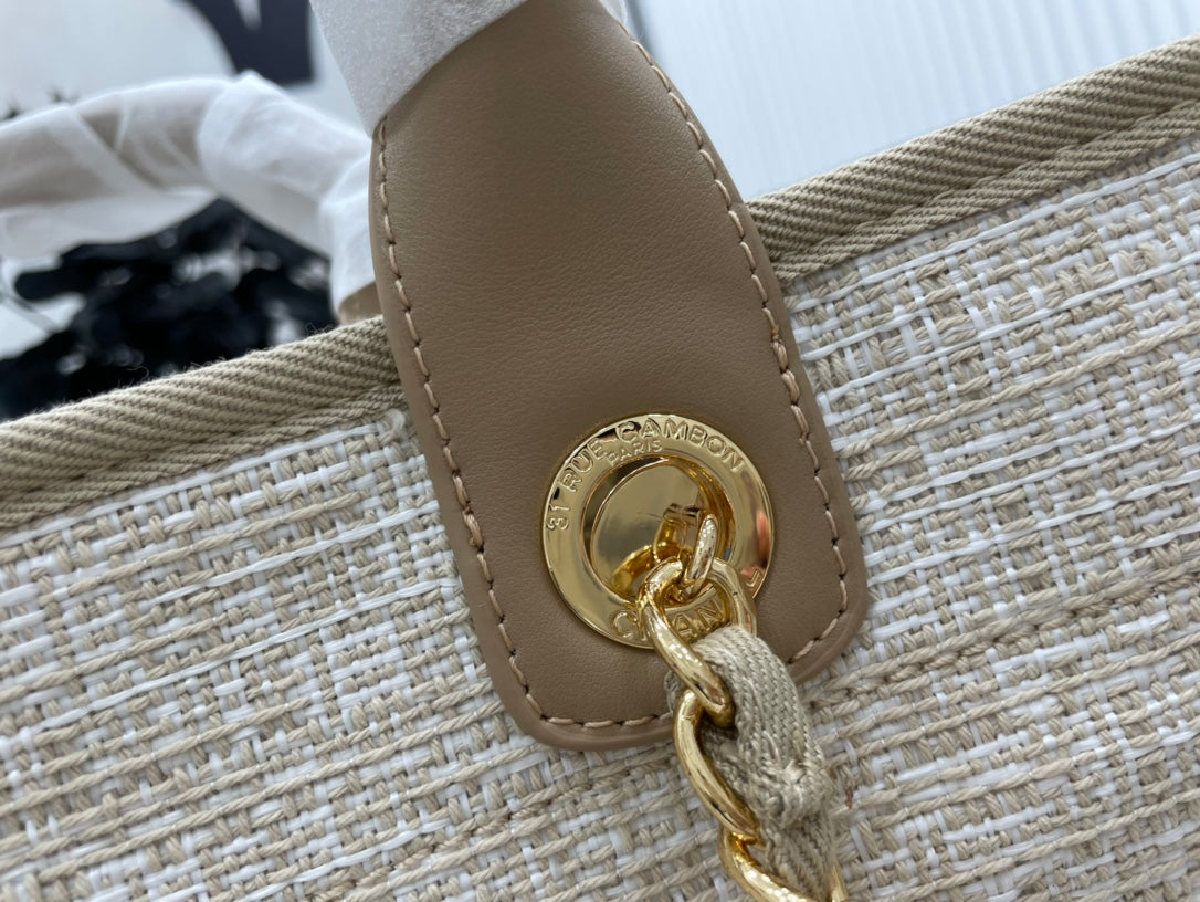 CHANEL DEAUVILLE LARGE 38 TOTE BAG IN BEIGE CANVAS GOLD HARDWARE