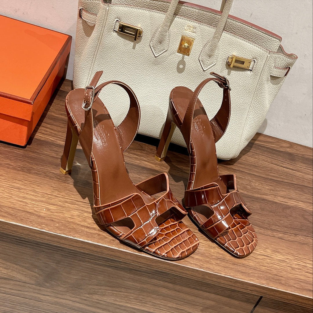 HERMES SLINGBACK ETERNITE 105 BROWN LAMBSKIN AND CROCODILE LEATHER