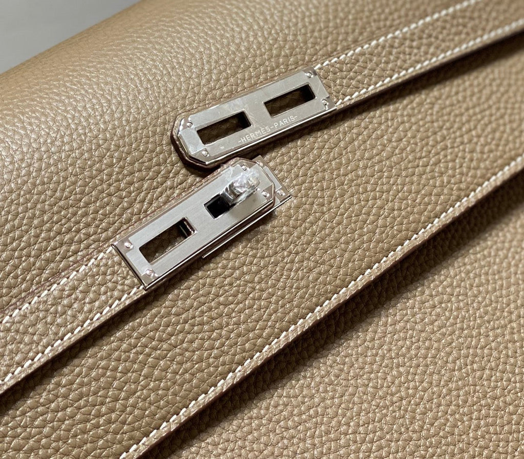 HERMES KELLY DEPECHES 34 BRIEFCASE IN ETOUPE TOGO CALFSKIN SILVER HARDWARE