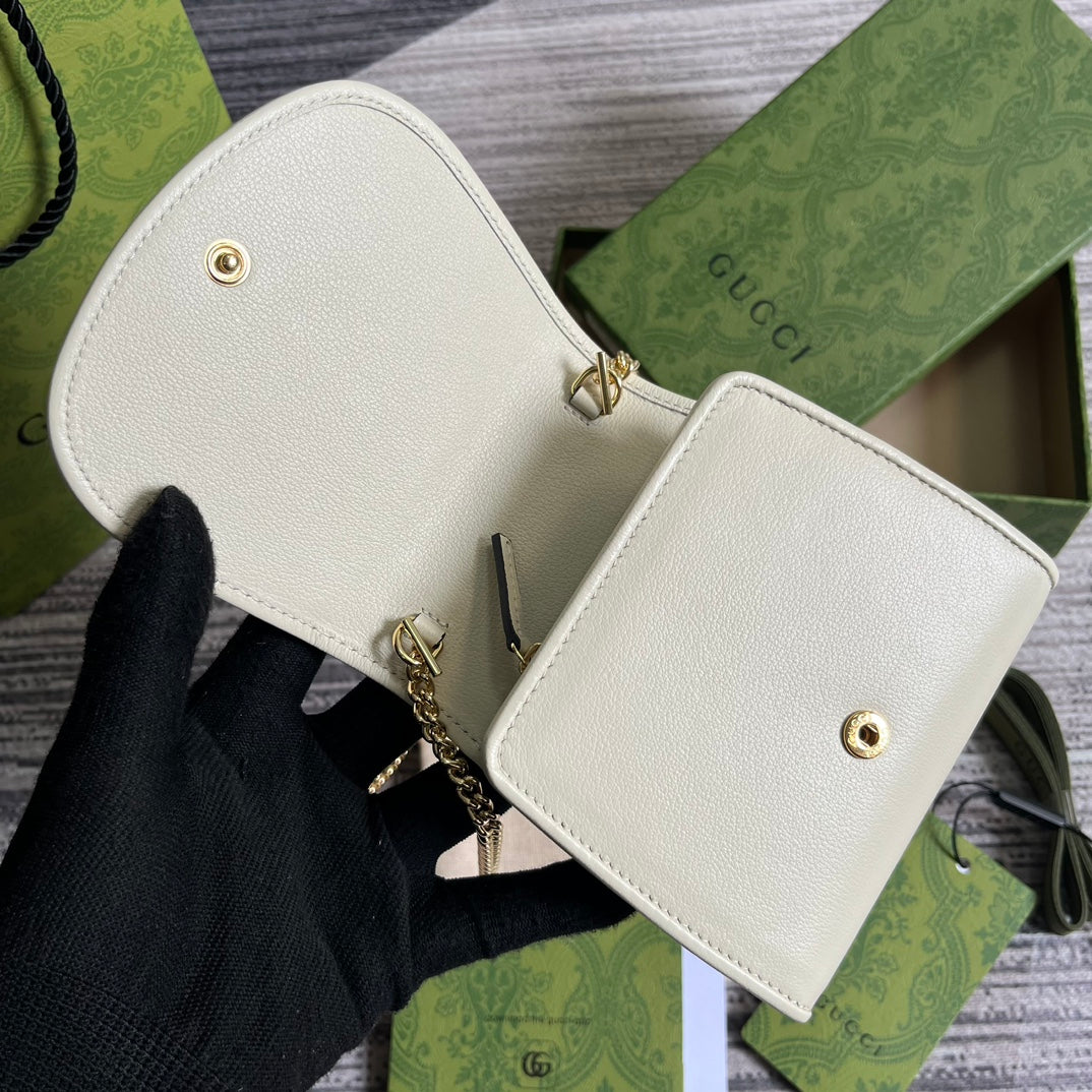 GUCCI BLONDIE INTERLOCK MINI SHOULDER BAG 12 IN WHITE CALFSKIN GOLD CHAIN