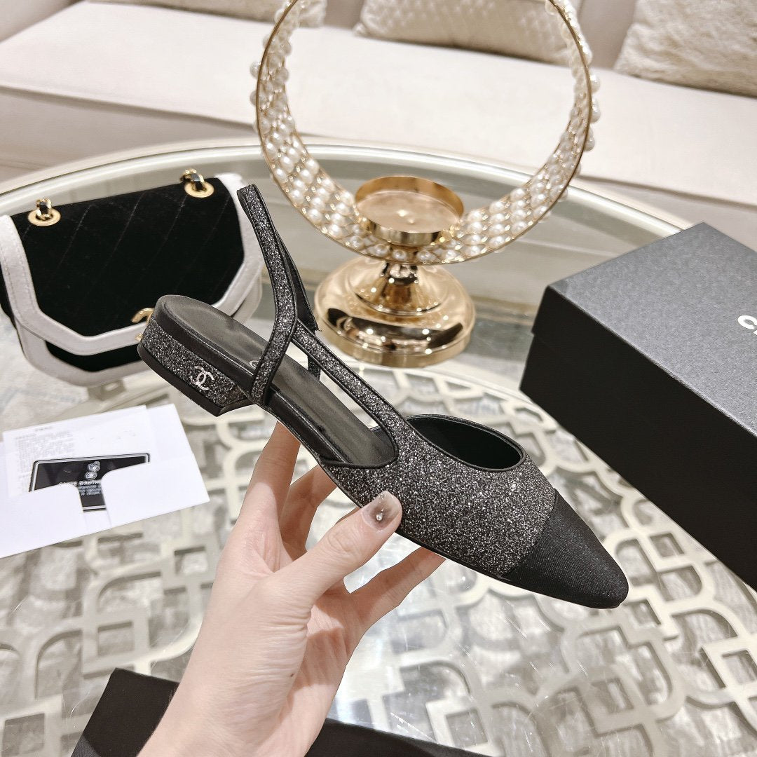 CHANEL slingback 2.5 glietter grey black grosgrain