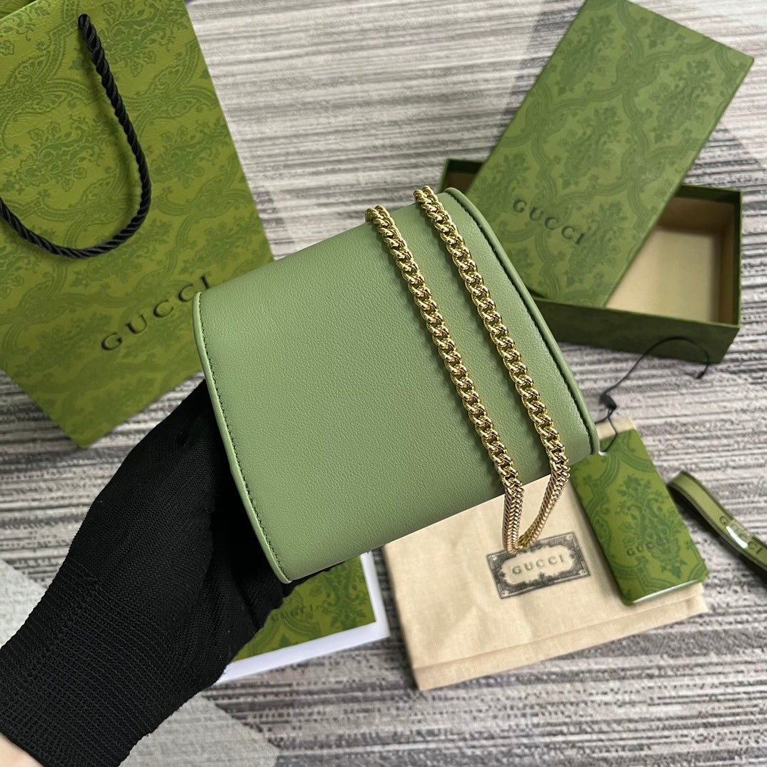 GUCCI BLONDIE INTERLOCK MINI SHOULDER BAG 12 IN GREEN CALFSKIN GOLD CHAIN