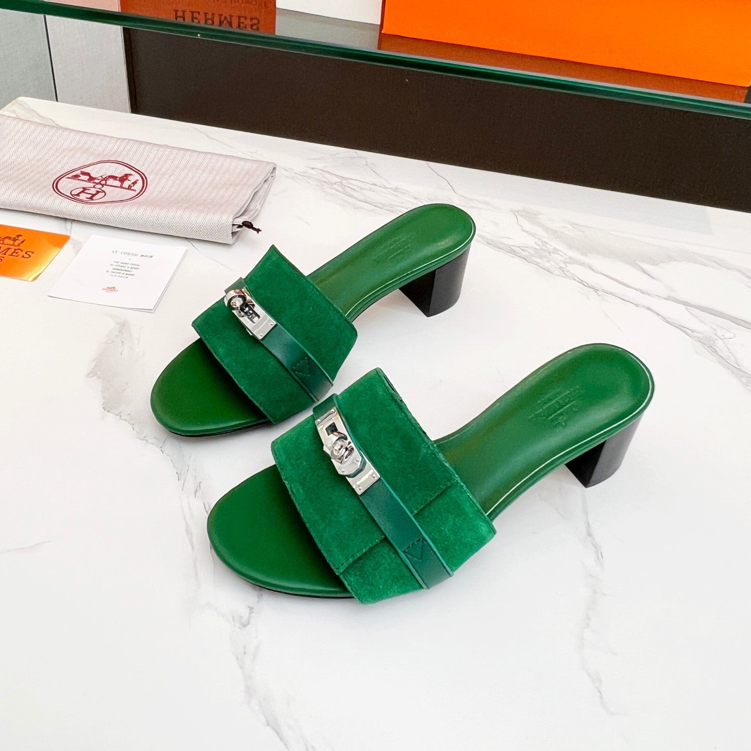 HERMES Gigi 50 Sandal Green Suede Green Calfskin