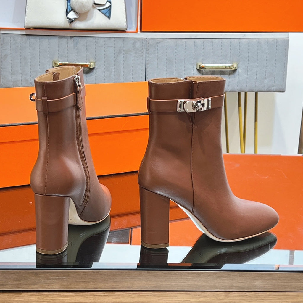 HERMES 25S SAINT GERMAIN ANKLE BOOTS 90 MM IN BROWN LAMBSKIN WITH SILVER HARDWARE
