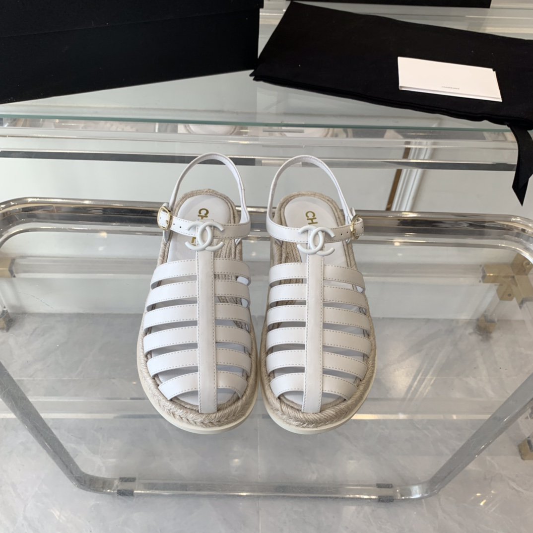 CHANEL roman sandals white lambskin