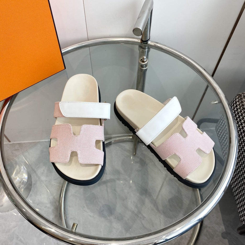 HERMES Chypre Canvas Sandal White Pink Leather