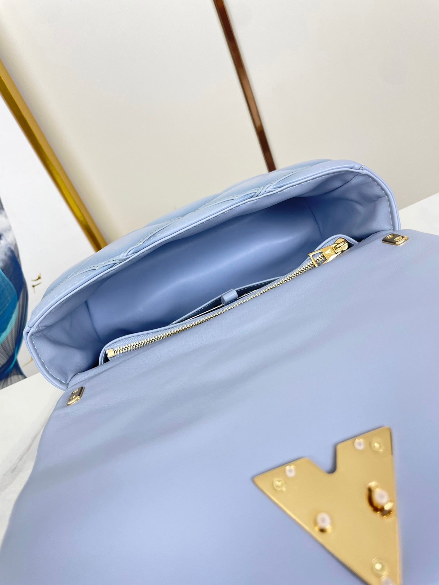LOUIS VUITTON GO-14 MM 23 IN LIGHT BLUE GRAY QUILTED LAMBSKIN GOLD HARDWARE