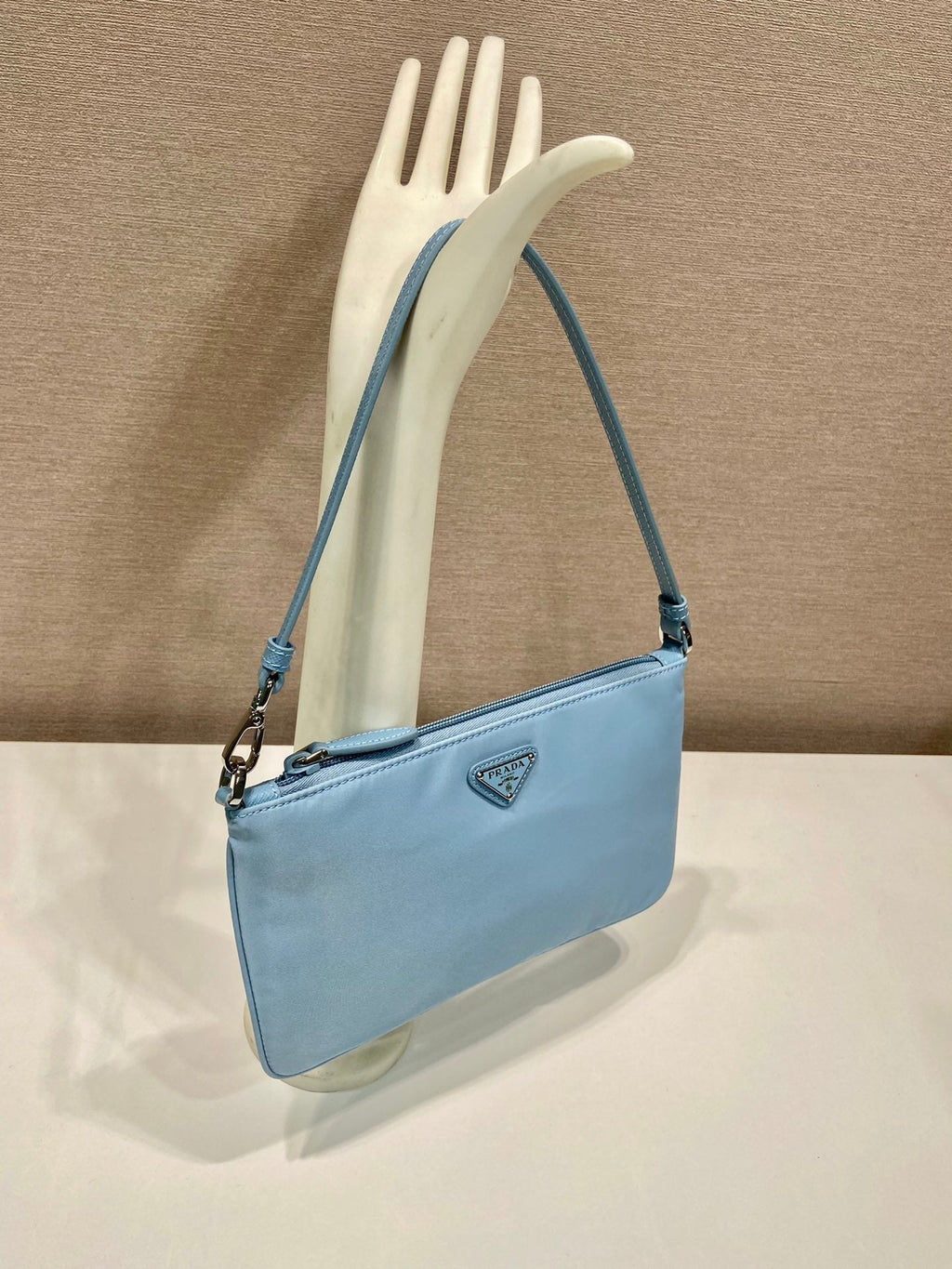 PRADA SHOULDER BAG 24 WITH TRIANGLE LOGO IN SKY BLUE RE-NYLON FABRIC