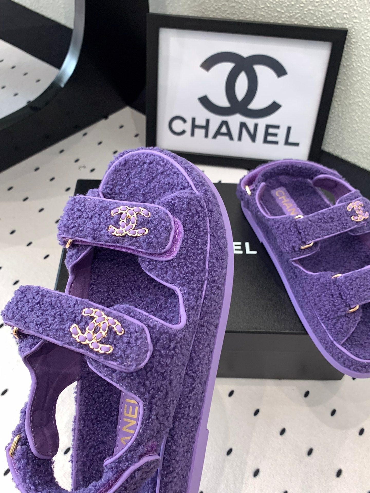 CHANEL DAD SANDAL PLUM PURPLE LAMB FUR