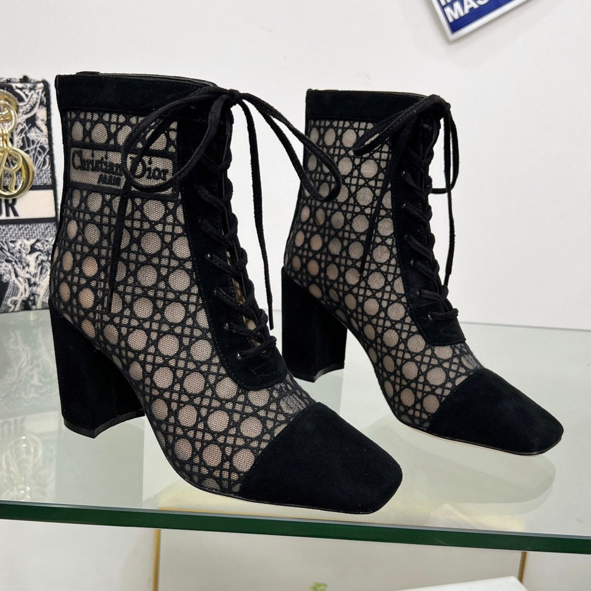 DIOR NAUGHTILY-D HEELED ANKLE BOOT IN BLACK CANNAGE MOTIF MESH AND SUEDE 8 CM