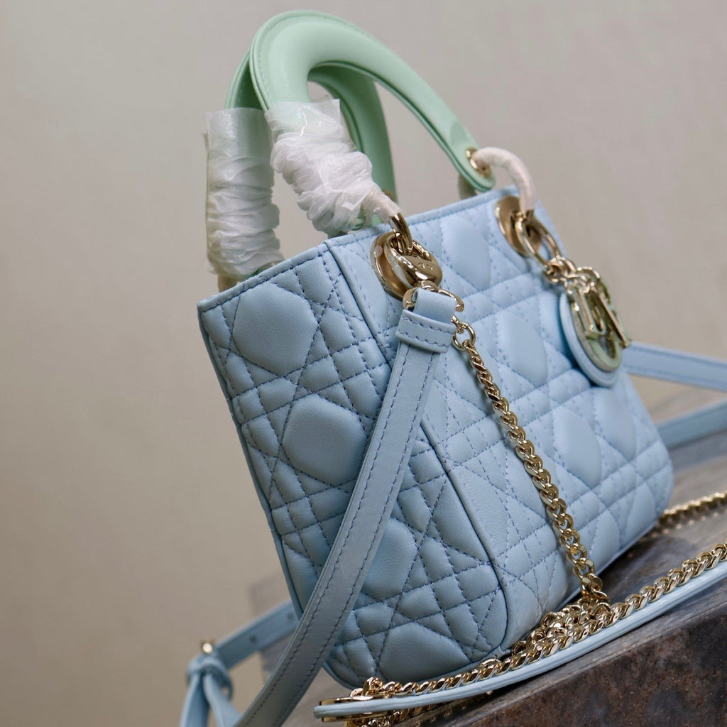DIOR MINI LADY BAG 17 IN BABY BLUE QUILTED MACROCANNAGE CALFSKIN GREEN STRAP