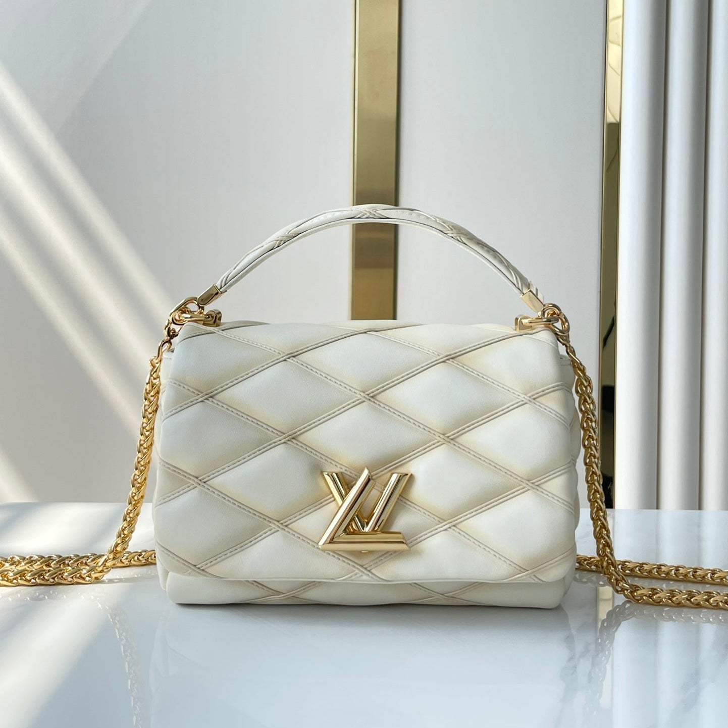 LOUIS VUITTON GO-14 PM 20 IN CREAM QUILTED LAMBSKIN GOLD HARDWARE
