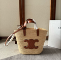 CELINE TEEN SUPPLE  CLASSIC PANIER IN RAFFIA AND CALFSKIN TAN