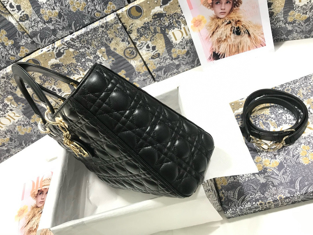 DIOR LARGE 32 LADY BAG IN BLACK LAMBSKIN WITH GOLD HARDWARE