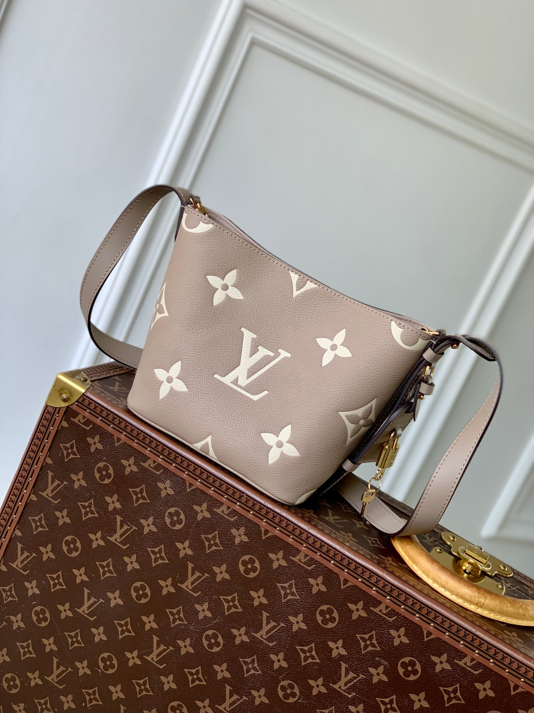 LOUIS VUITTON ALL IN BB BAG 18 IN TOURTERELLE GREY AND CREAM EMBOSSED COWHIDE