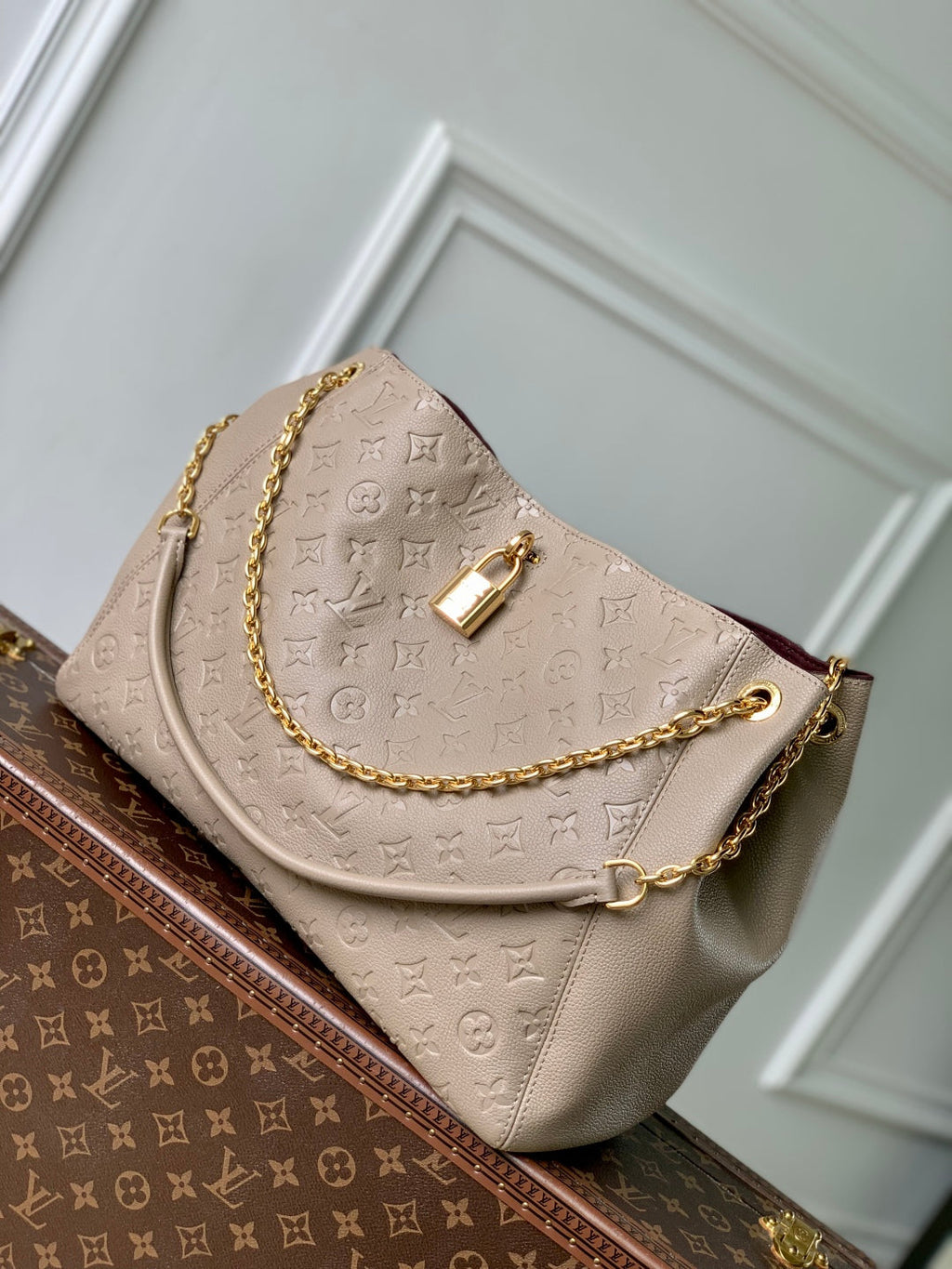 LOUIS VUITTON ANYTIME MM 42 IN TOURTERELLE GRAY MONOGRAM EMPREINTE CALFSKIN GOLD HARDWARE