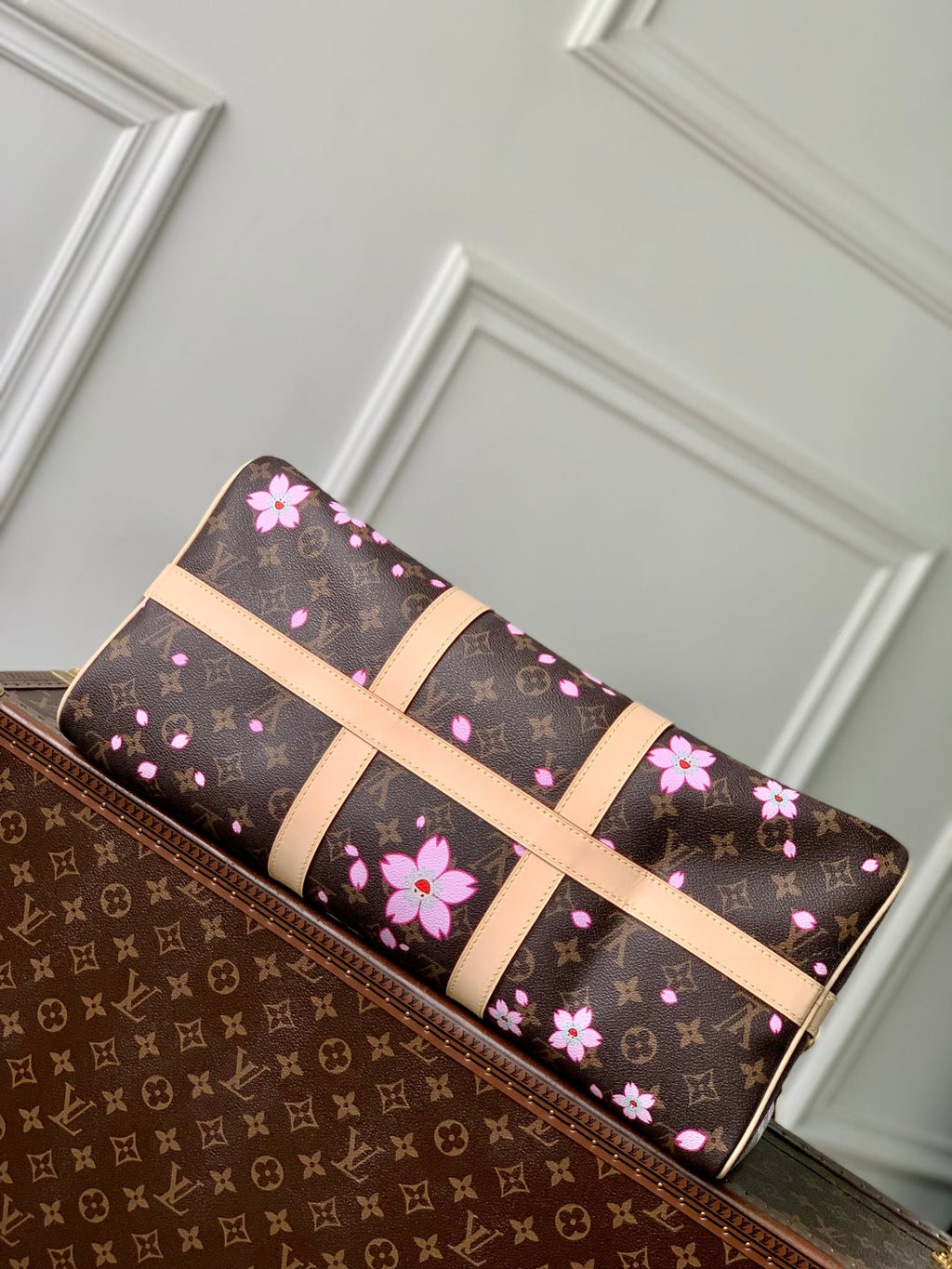 LOUIS VUITTON KEEPALL BANDOULIÈRE CHERRY BLOSSOM 45 IN SAKURA BROWN MONOGRAM COATED CANVAS