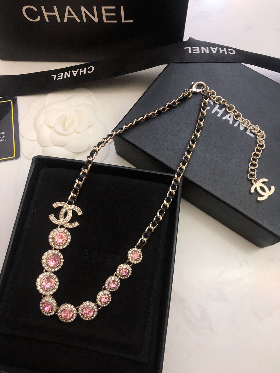 18K  Chanel Pink Crystals Leather Necklace