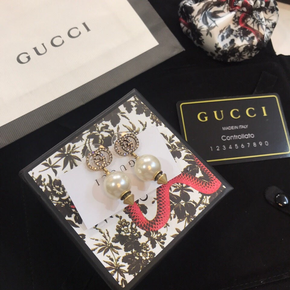 18K Double Gucci Pearl Pendant Earrings
