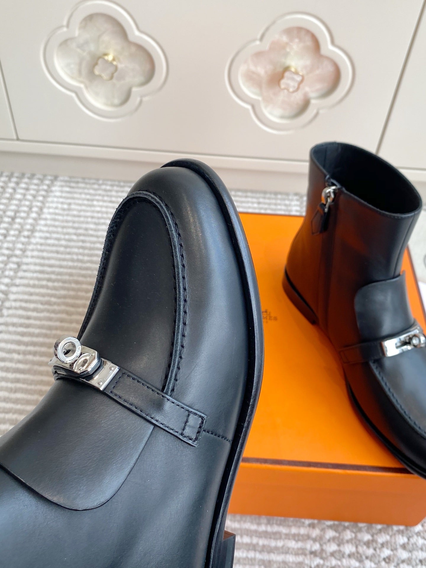 HERMES 25S KELSY ANKLE BOOT IN BLACK LAMBSKIN WITH SILVER HARDWARE
