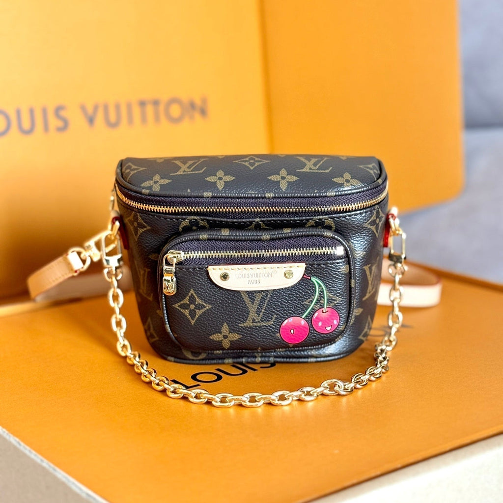 LOUIS VUITTON LV 25S MINI BUMBAG 17 IN BROWN CANVAS MONOGRAM CHERRY PRINT GOLD HARDWARE