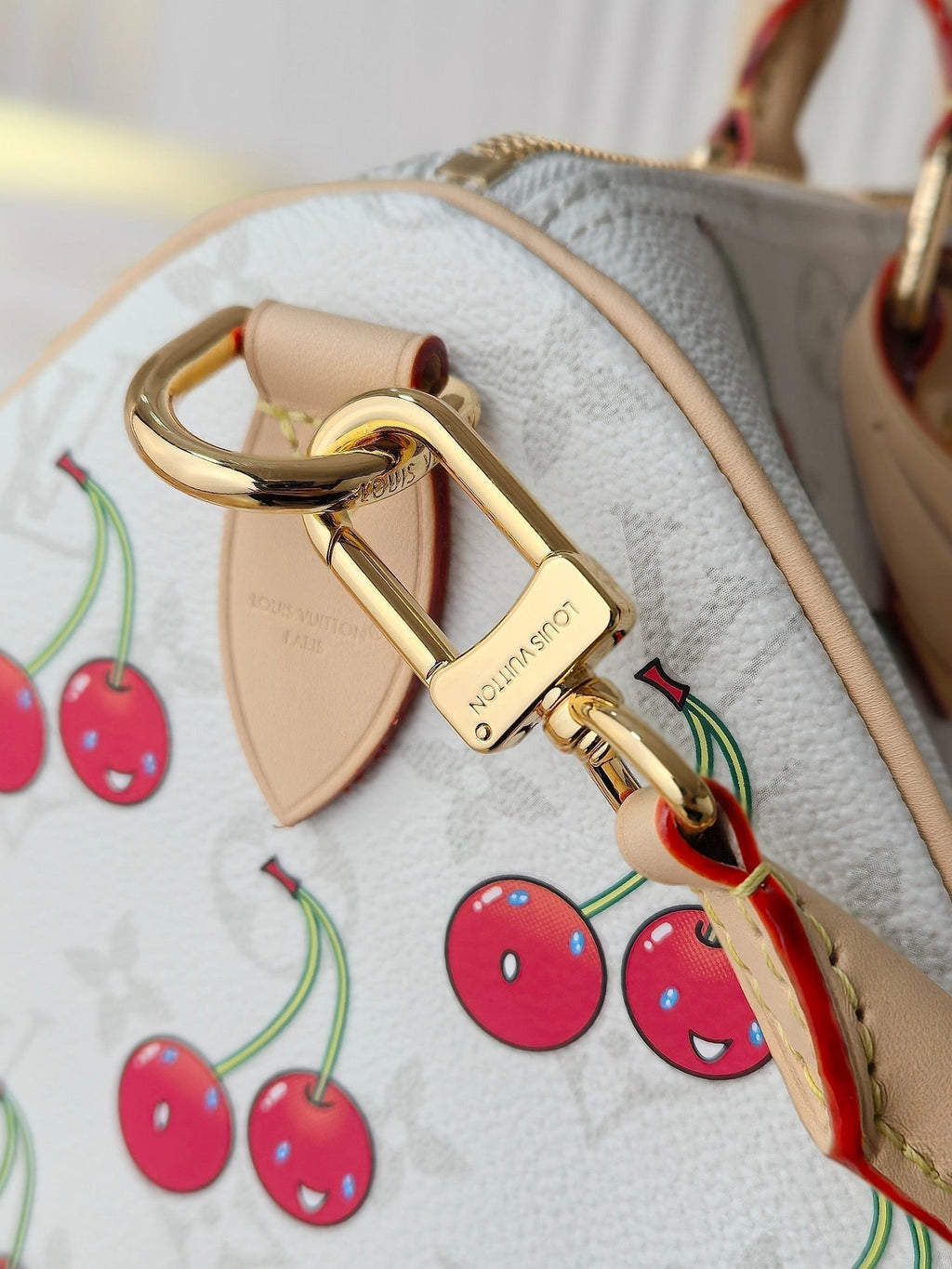 LOUIS VUITTON LV 25S SPEEDY SOFT 30 IN WHITE CANVAS MONOGRAM CHERRY PRINT GOLD HARDWARE