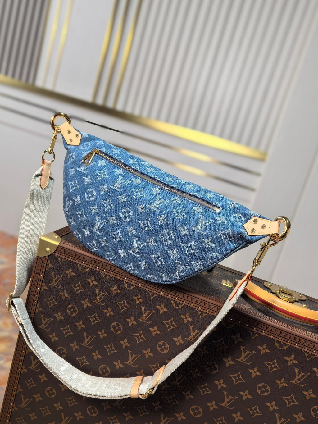 LOUIS VUITTON LV 25S BUMBAG 38 IN BLUE MONOGRAM DENIM LEATHER TRIM GOLD HARDWARE