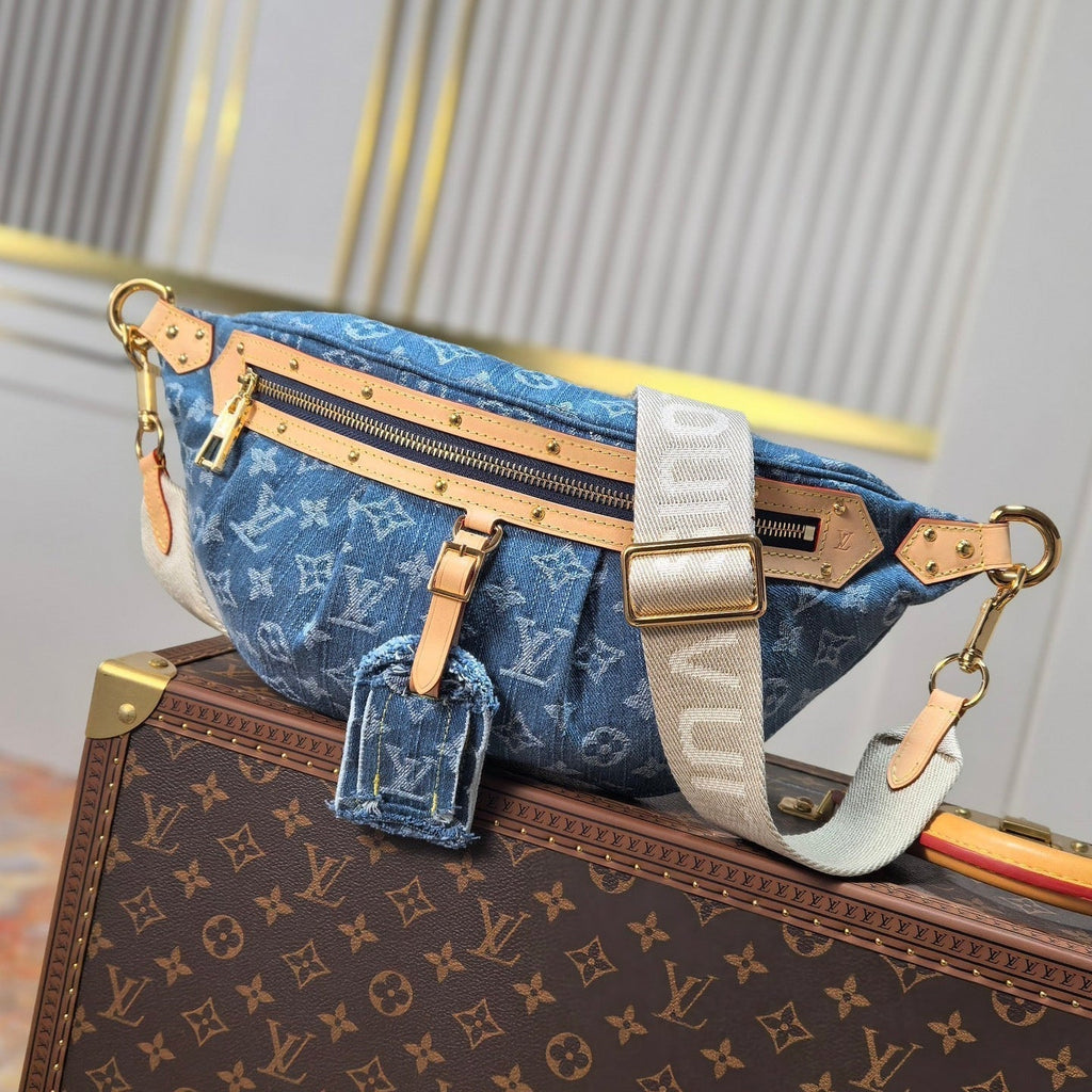 LOUIS VUITTON LV 25S BUMBAG 38 IN BLUE MONOGRAM DENIM LEATHER TRIM GOLD HARDWARE