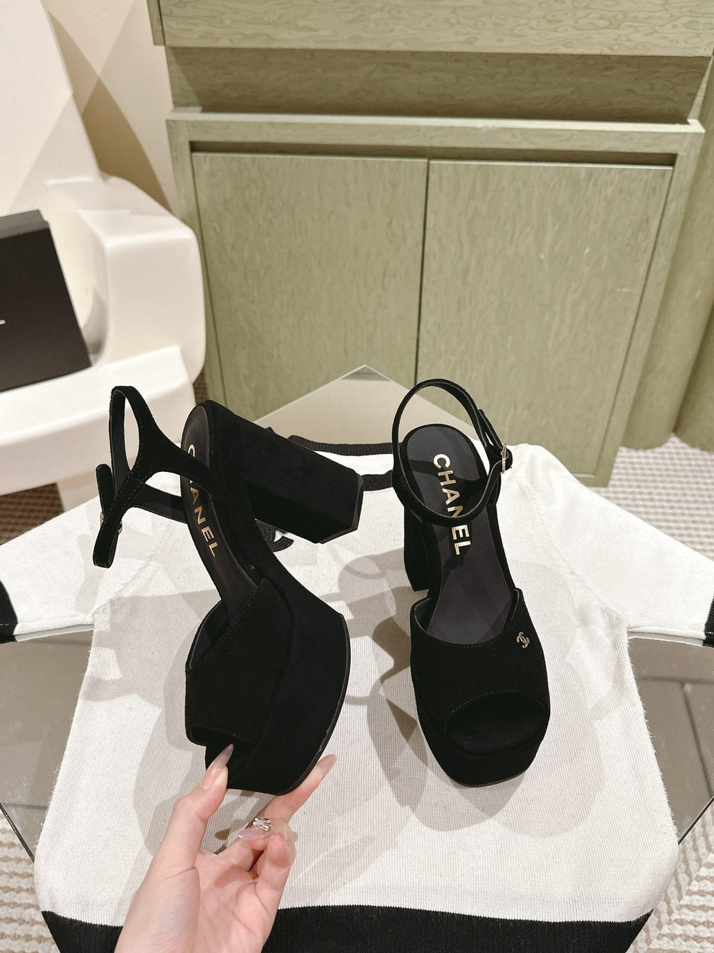 CHANEL HIGH SANDAL BLACK SUEDE CALFSKIN