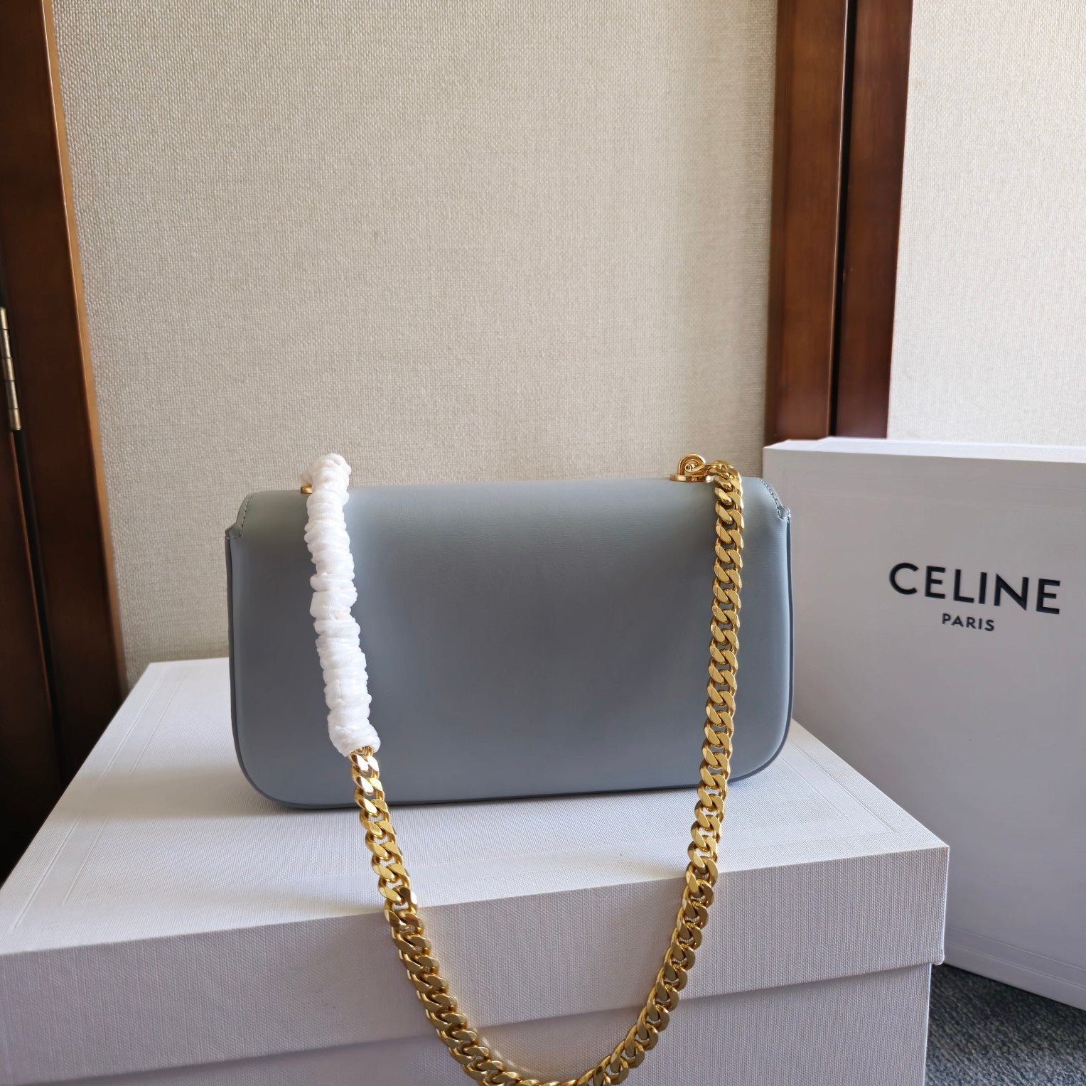 CELINE CHAIN EMBOSSED ARMPIT BAG 20 IN COOL GRAY BLUE CALFSKIN
