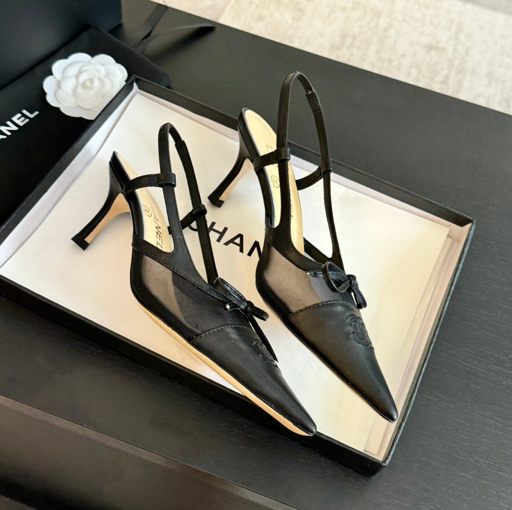 CHANEL MESH LOGO SLINGBACKS IN BLACK LAMBSKIN