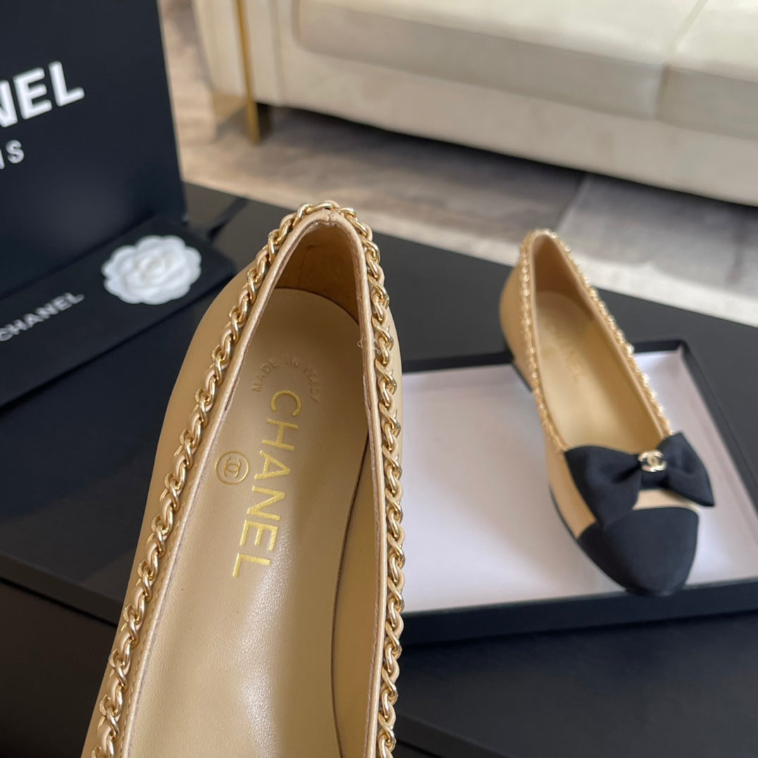 CHANEL BALLET FLAT BEIGE CREAM CALFSKIN AND FABRIC