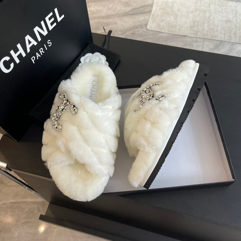 CHANEL WHITE FUR CROSS STRAP SLIPPERS