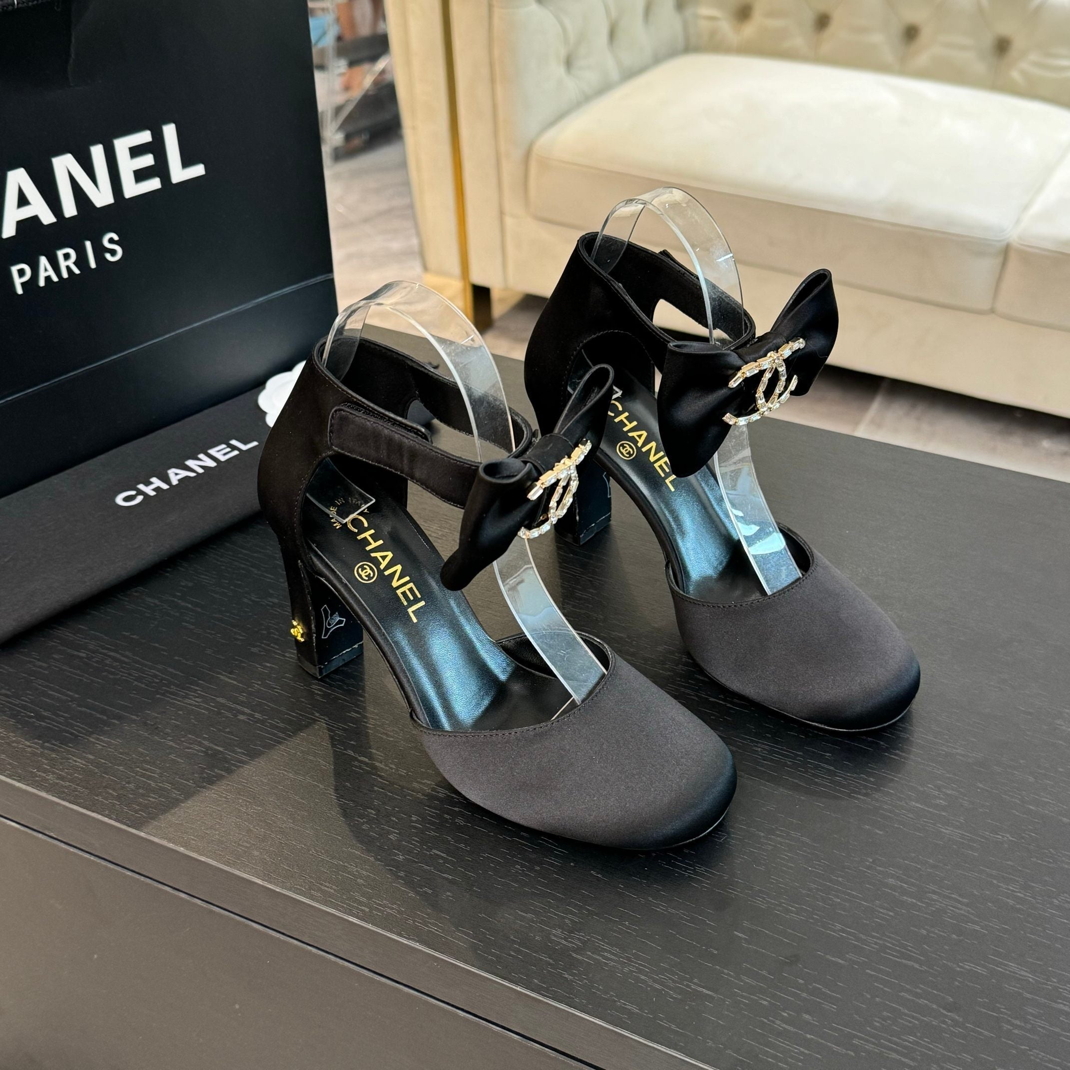 CHANEL HIGH MARRY JANE IN BLACK SATIN