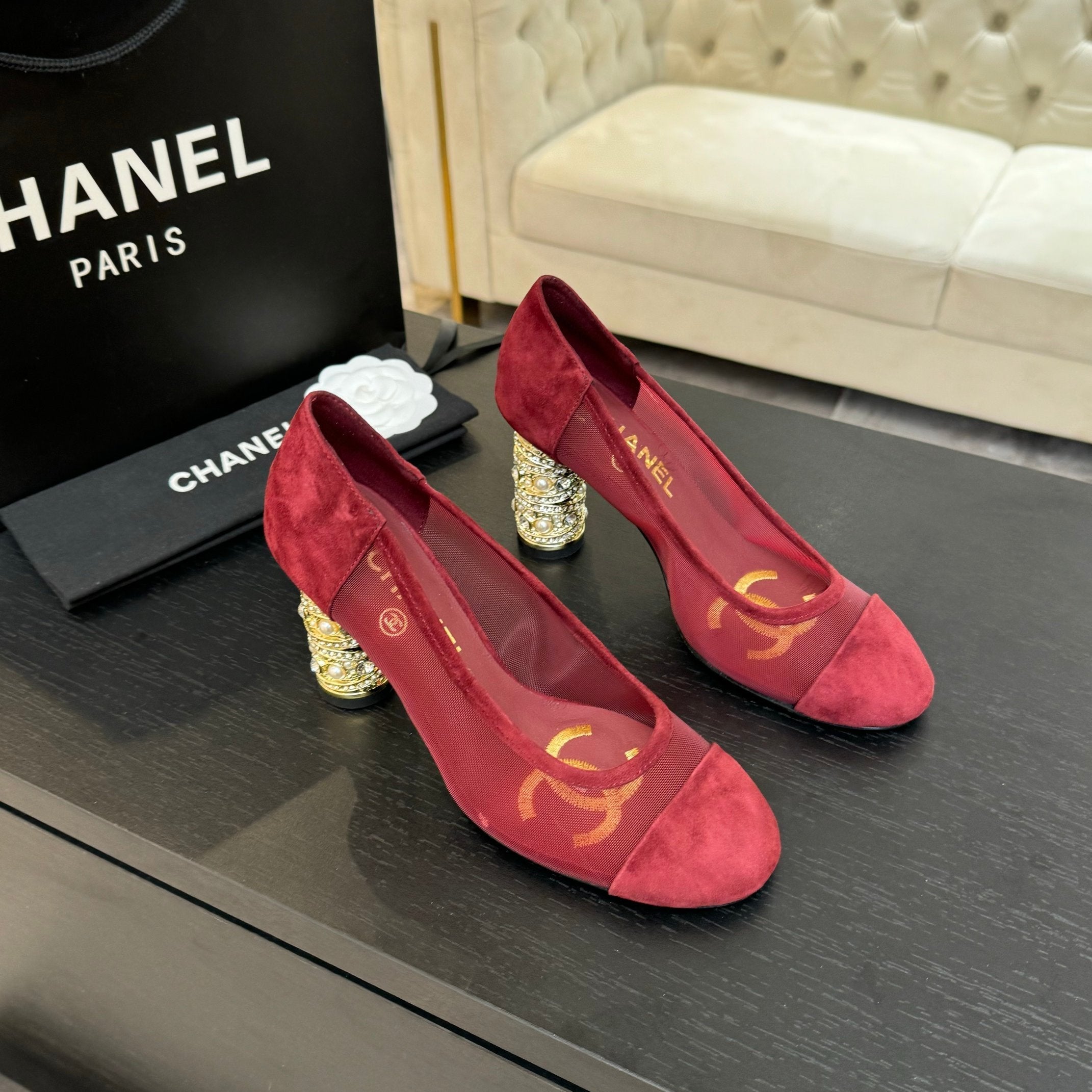CHANEL HIGH HEEL 85 MM SANDALS IN CHERRY RED SUEDE AND MESH