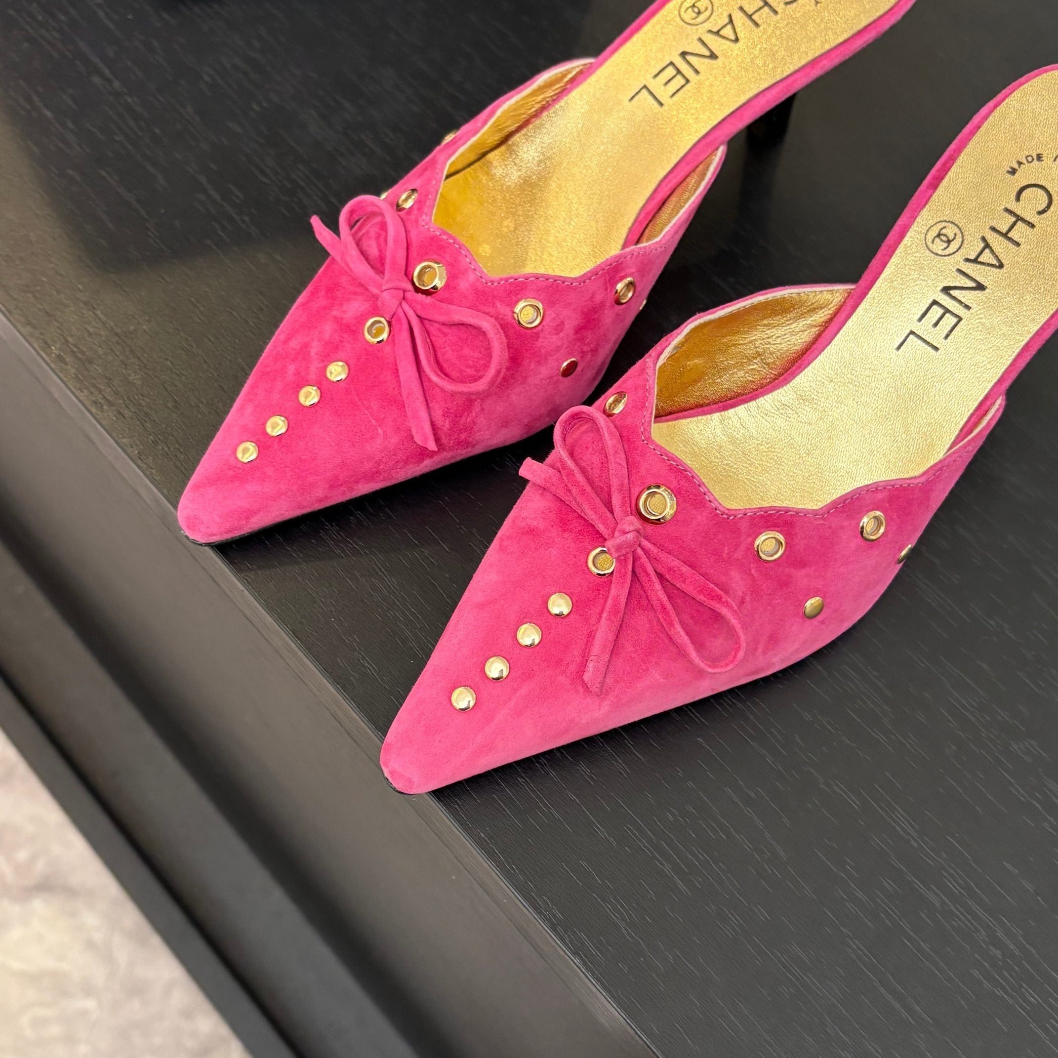 CHANEL HIGH HEEL MULE 65 MM IN DEEP PINK SUEDE