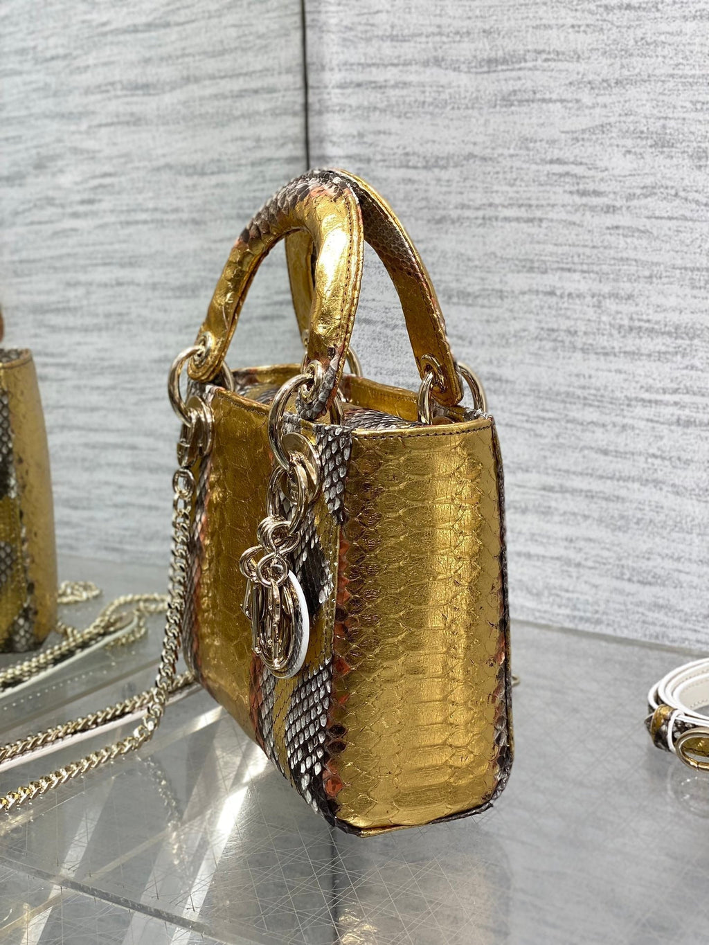DIOR MINI 17 LADY BAG IN GOLDEN SNAKESKIN PATTERN LAMBSKIN