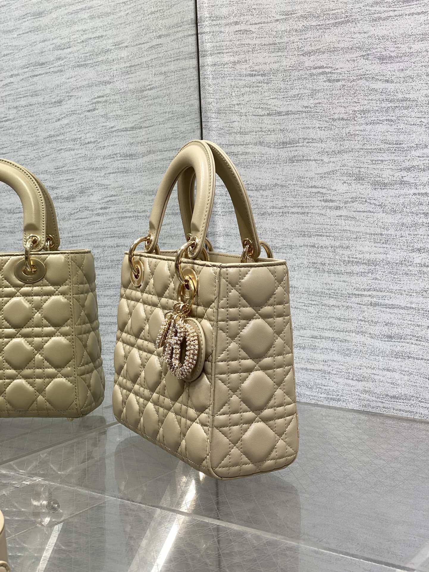 DIOR 25S LADY  BAG 20 IN SAND BEIGE CALFSKIN CHARM PEARL EMBELLISHMENTS
