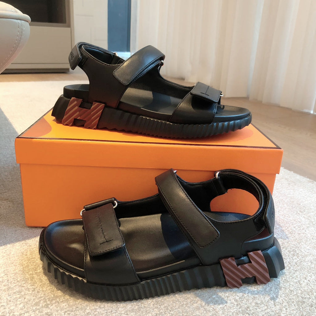 HERMES DAD SANDALS IN BLACK CALFSKIN AND RUBBER