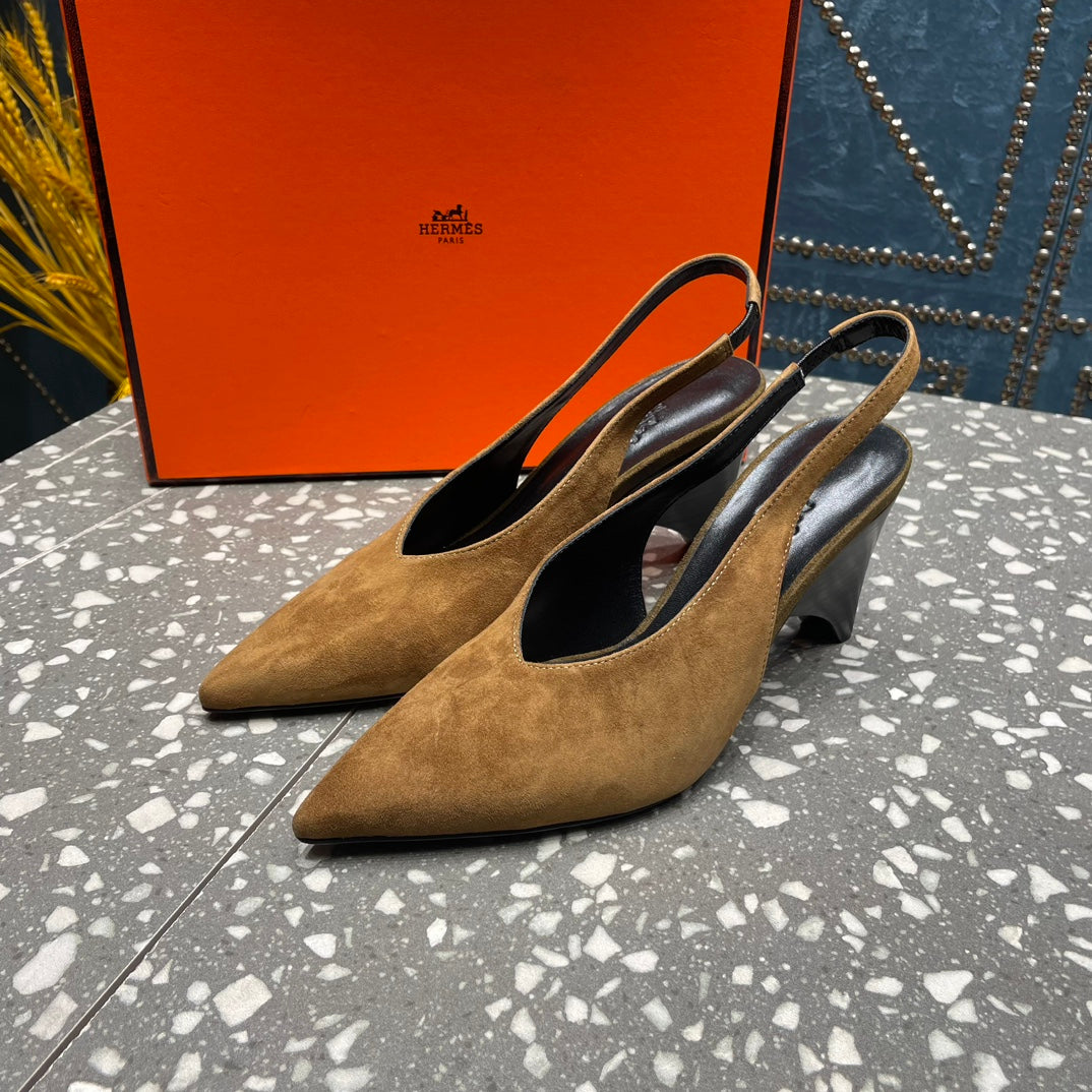 HERMES HIGH SLINGBACKS 7 CM IN CIDER BROWN SUEDE