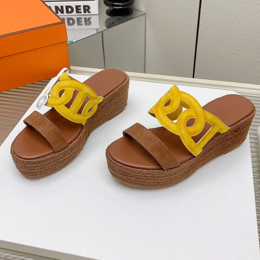 HERMES ITHEA 85 MM ESPADRILLE IN BRONZE BROWN AND AMBER YELLOW SUEDE