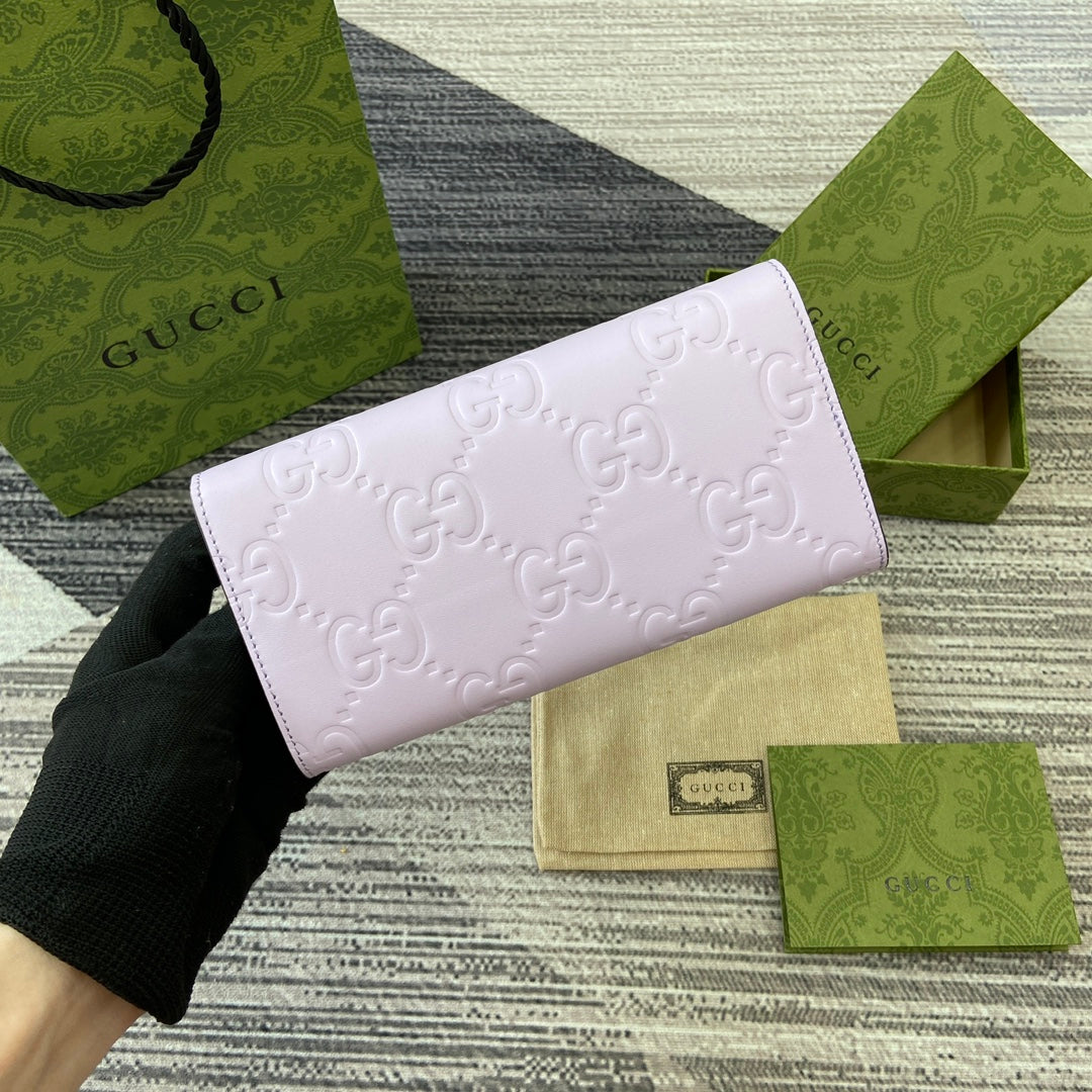 GUCCI CONTINENTAL WALLET 19 IN LIGHT VIOLET EMBOSSED CALFSKIN GOLD HARDWARE