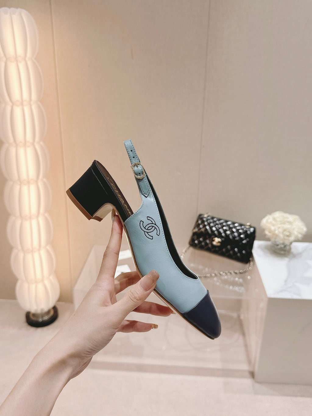 CHANEL SLINGBACKS LIGHT BLUE MIX BLACK SHEEPSKIN