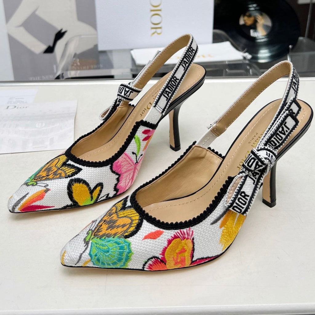 DIOR J'A SLINGBACK PUMP COLORFUL NATURAL RAFFIA AND EMBROIDERED COTTON 10 CM 130857