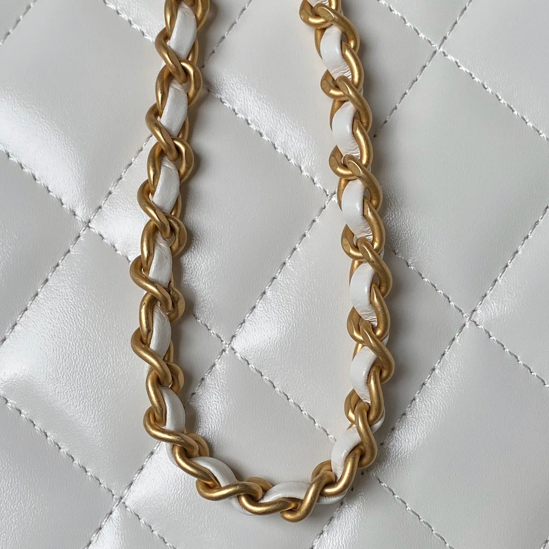 CHANEL FLAP BAG 22 IN WHITE CALFSKIN WITH DOUBLE GOLD BALL