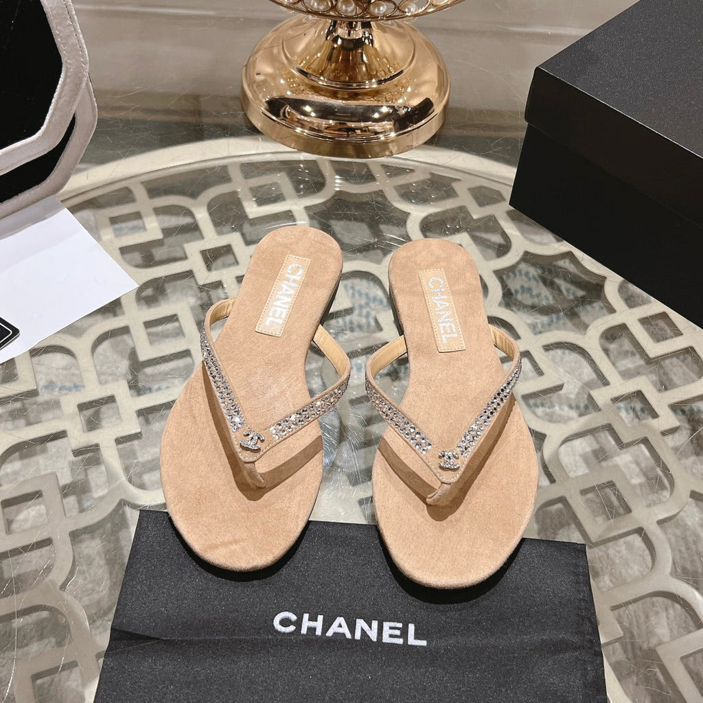 CHANEL RHINESTONES THONG SANDAL IN SEPIA TAN SUEDE