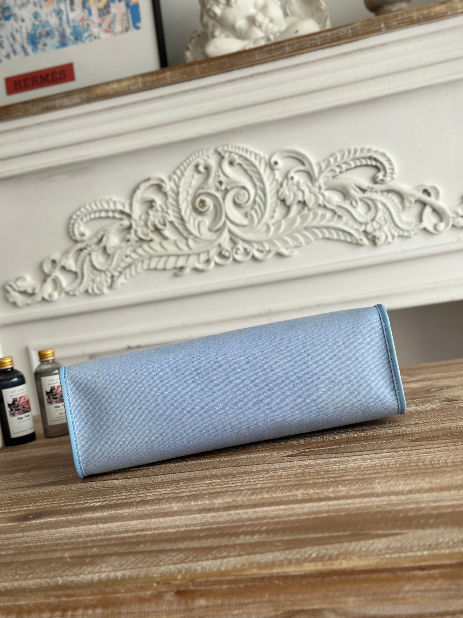 HERMES ZIP CABINE 31 BAG IN LIGHT BLUE CANVAS AND BRONZE BROWN CALFSKIN