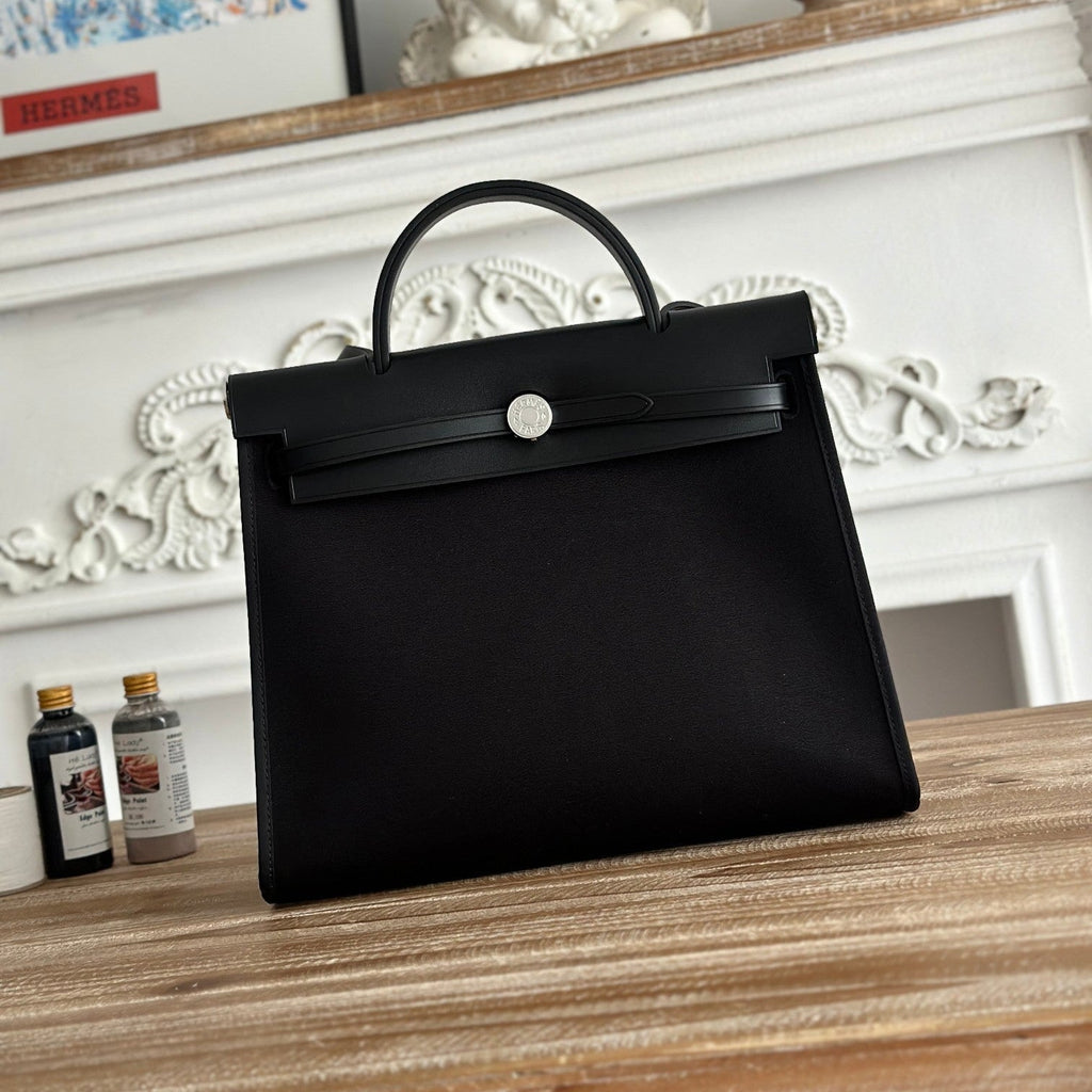 HERMES ZIP CABINE 31 BAG IN BLACK CANVAS AND CALFSKIN